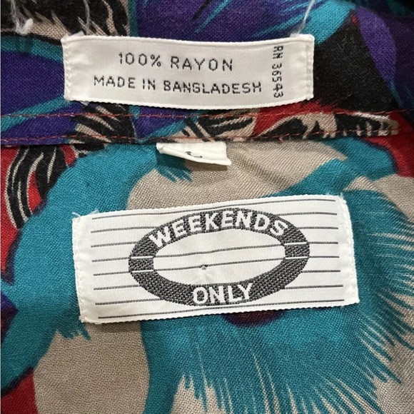 Vintage 80s Weekends Only Hawaiian Print Rayon Loop Collar L - Picture 3 of 3